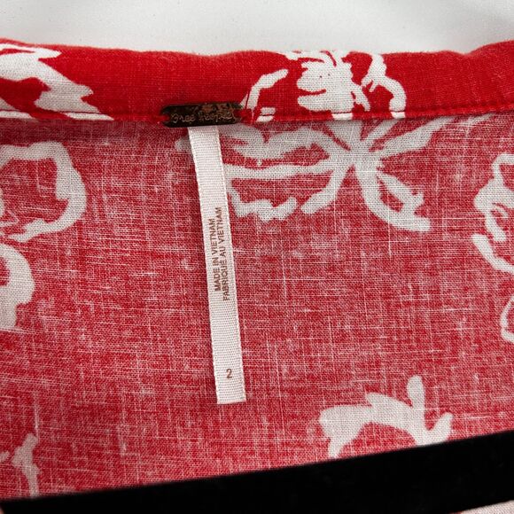 FREE PEOPLE Red Orange Floral Print Linen Button Up Babydoll Mini Dress Size 2 - Picture 7 of 8